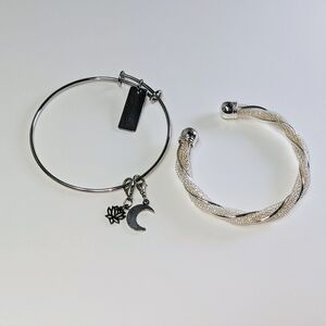 (x2) Silver Bracelets Mesh Cuff Bangle and Solid Charm Bangle Bracelets